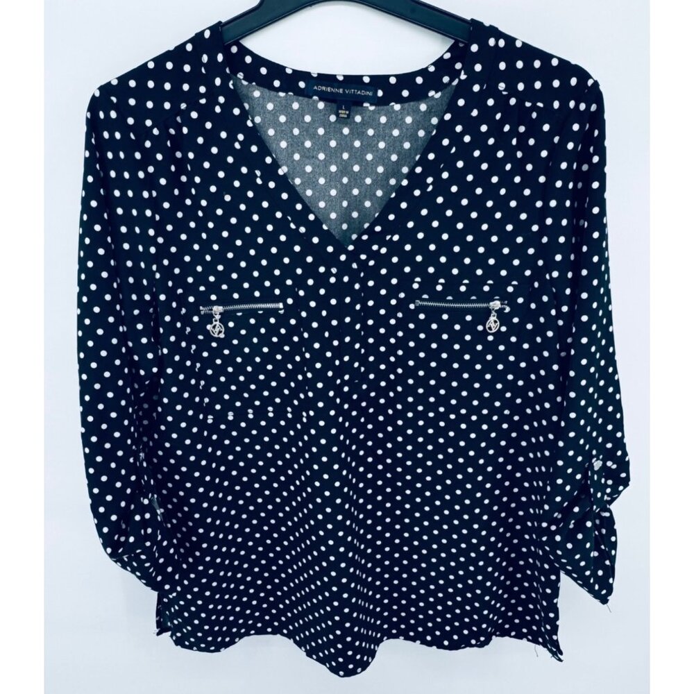 Adrienne Vittadini Polka Dot Blouse L Black & White Zip Accents